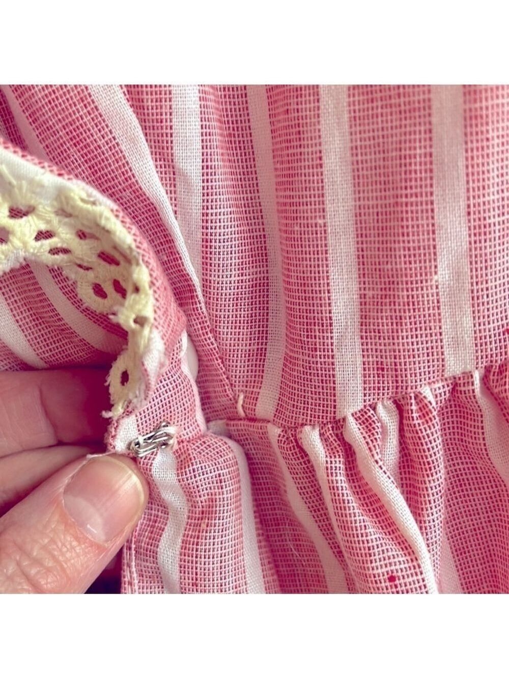 VINTAGE Red & White Stripe Midi Wrap Dress with Lace Collar Summer Dress Made US - Picture 7 of 8
